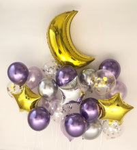 Load image into Gallery viewer, Sweet Moon 24 Piece Moon and Star Balloons Bouquet - Baby Shower, Birthday, Gender Reveal, Eid, and Ramadan Party Decoration (Purple)