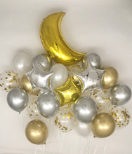 Load image into Gallery viewer, Sweet Moon 24 Piece Moon and Star Balloons Bouquet - Baby Shower, Birthday, Gender Reveal, Eid, and Ramadan Party Decoration (Metallic Gray)