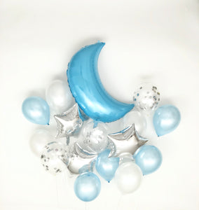 Sweet Moon 16 Piece Moon and Star Balloons Bouquet - Baby Shower, Birthday, Gender Reveal, Eid, Ramadan Party Decoration (Baby Blue)