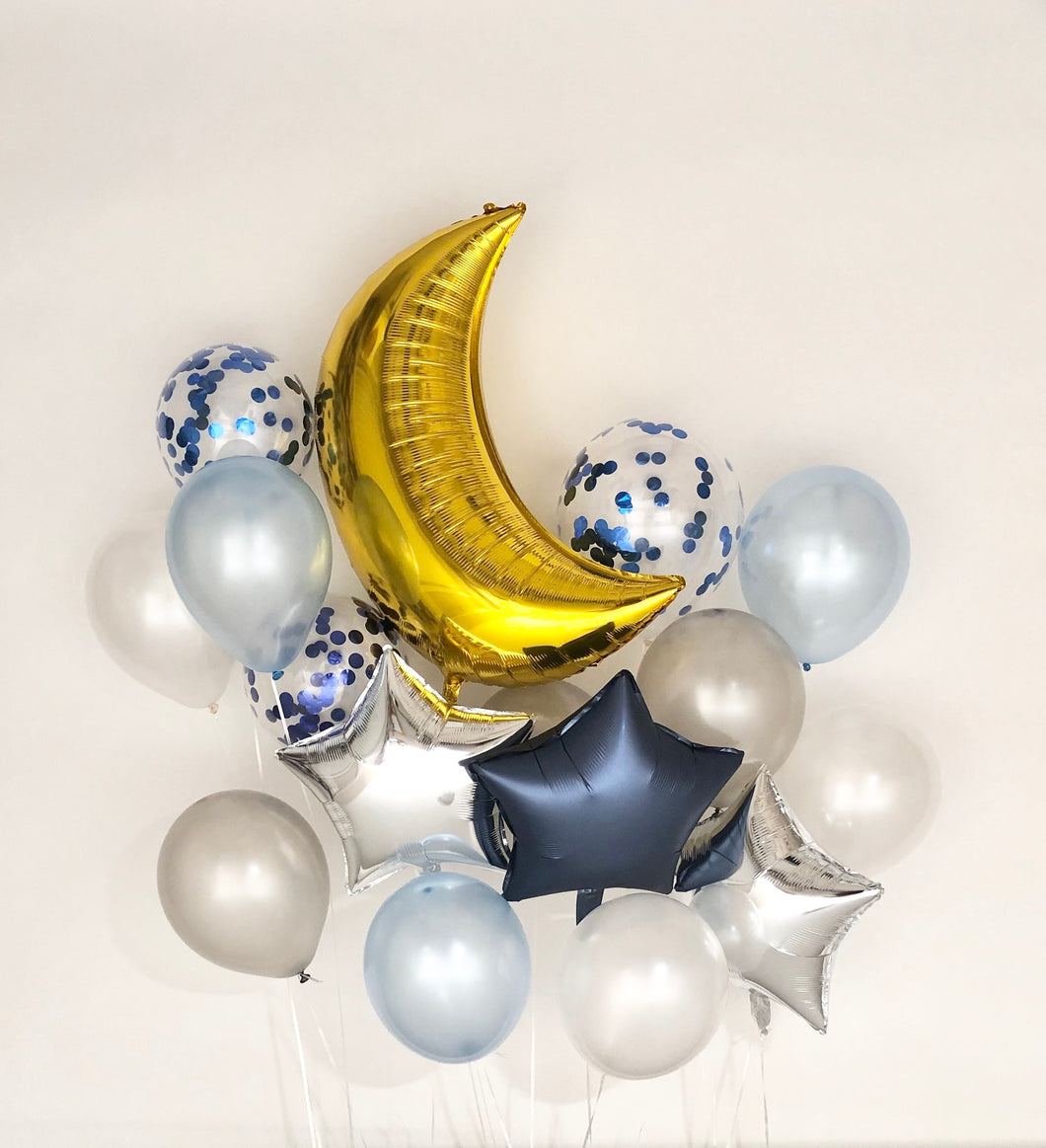 Sweet Moon 16 Piece Moon and Star Balloons Bouquet - Baby Shower, Birthday, Gender Reveal, Eid, and Ramadan Party Decoration (Blue)