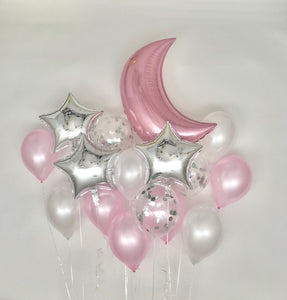 Sweet Moon 16 Piece Moon and Star Balloons Bouquet - Baby Shower, Birthday, Gender Reveal, Eid, Ramadan Party Decoration (Pink)