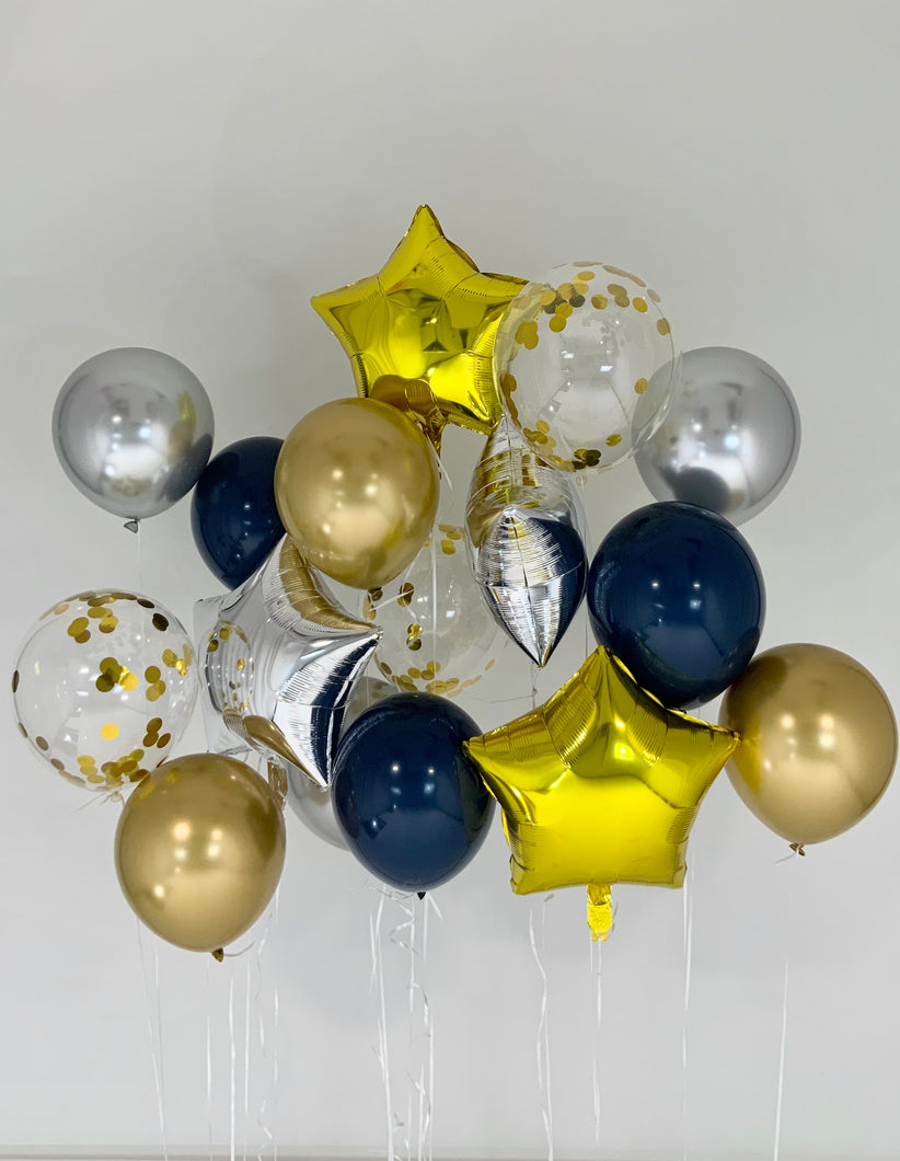 Sweet Moon 16 Piece Star Foil and Latex Balloons Bouquet - Baby Shower, Birthday, Gender Reveal, Eid, and Ramadan Party Decoration (Navy Blue)