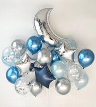 Load image into Gallery viewer, Sweet Moon 24 Piece Moon and Star Balloons Bouquet - Baby Shower, Birthday, Gender Reveal, Eid, and Ramadan Party Decoration (Metallic Blue)