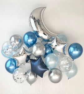 Sweet Moon 24 Piece Moon and Star Balloons Bouquet - Baby Shower, Birthday, Gender Reveal, Eid, and Ramadan Party Decoration (Metallic Blue)