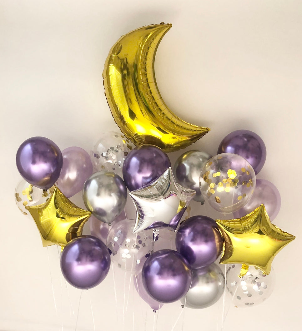 Sweet Moon 24 Piece Moon and Star Balloons Bouquet - Baby Shower, Birthday, Gender Reveal, Eid, and Ramadan Party Decoration (Purple)
