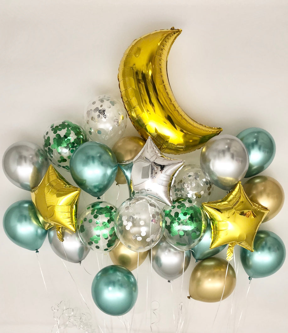 Sweet Moon 24 Piece Moon and Star Balloons Bouquet - Baby Shower, Birthday, Eid, and Ramadan Party Decoration (Metallic Green)