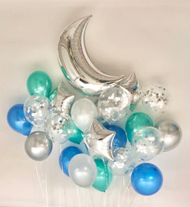 Sweet Moon 24 Piece Moon and Star Balloons Bouquet - Baby Shower, Birthday, Gender Reveal, Eid, and Ramadan Party Decoration (Blue & Green)