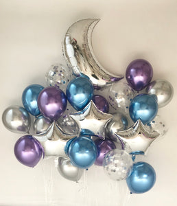 Sweet Moon 24 Piece Moon and Star Balloons Bouquet - Baby Shower, Birthday, Gender Reveal, Eid, and Ramadan Party Decoration (Blue & Purple)