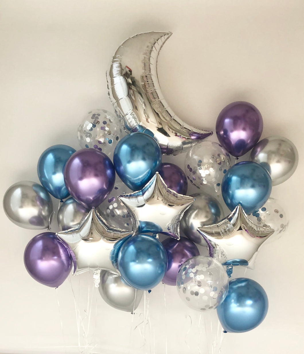 Sweet Moon 24 Piece Moon and Star Balloons Bouquet - Baby Shower, Birthday, Gender Reveal, Eid, and Ramadan Party Decoration (Blue & Purple)