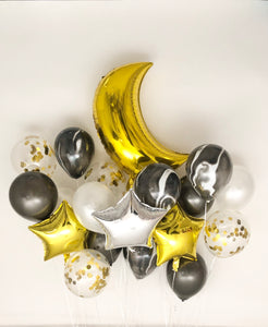 Sweet Moon 20 Piece Crescent and Star Balloons Bouquet - Baby Shower, Birthday, Hajj, Eid, and Ramadan Party Decoration (Black Agate Marble)