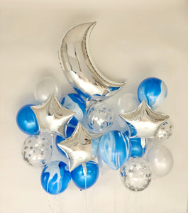 Sweet Moon 20 Piece Moon and Star Balloons Bouquet - Baby Shower, Bridal Shower, Birthday, Eid, and Ramadan Party Decoration (Blue Agate Marble)