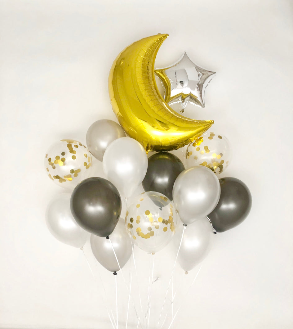 Sweet Moon 14 Piece Ramadan, Eid and Hajj Party Crescent and Star Balloons Bouquet (Black)