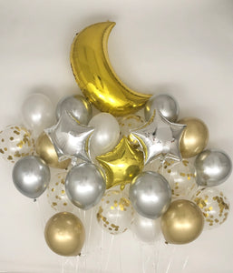 Sweet Moon 24 Piece Moon and Star Balloons Bouquet - Baby Shower, Birthday, Gender Reveal, Eid, and Ramadan Party Decoration (Metallic Gray)