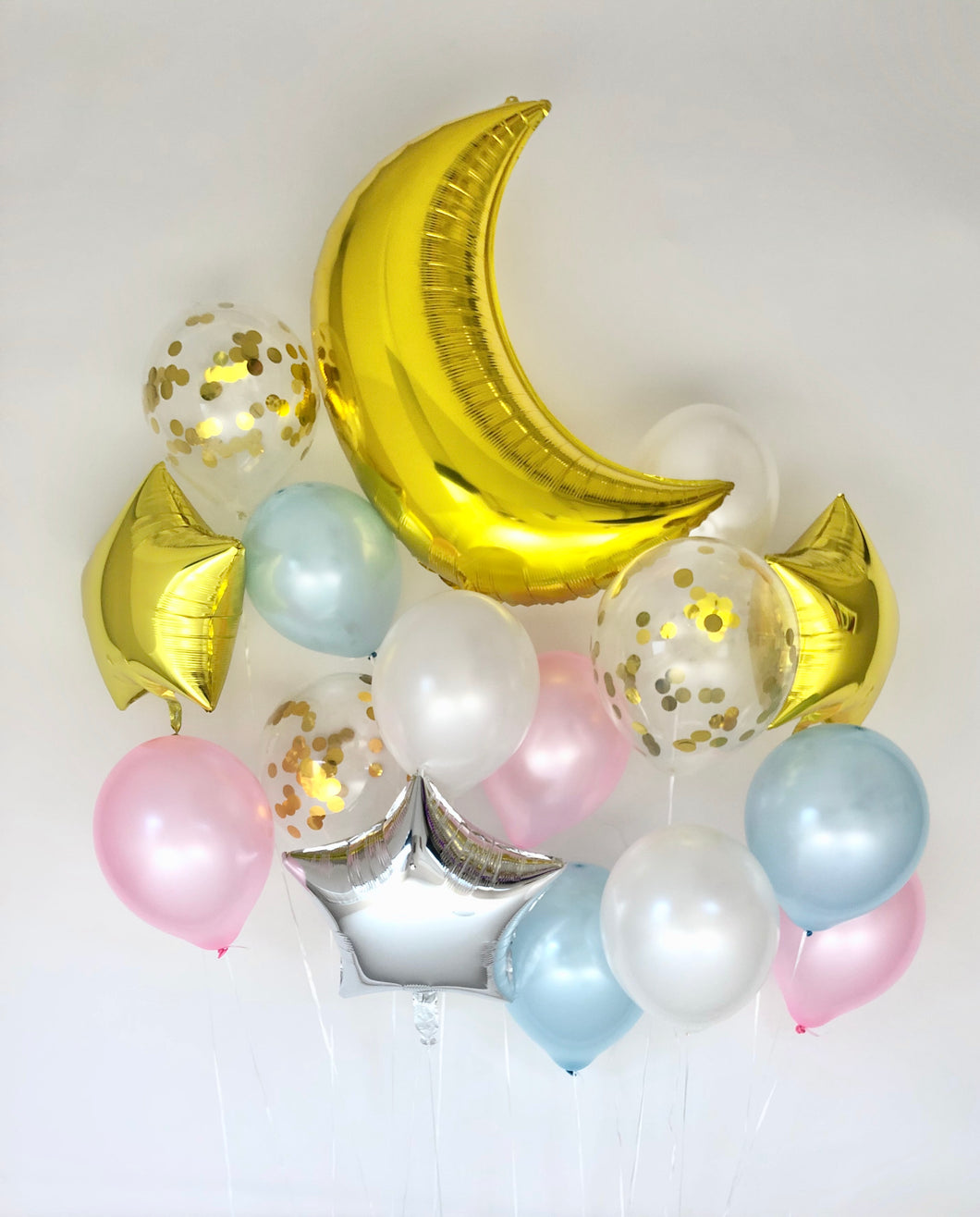 Sweet Moon 16 Piece Moon and Star Balloons Bouquet - Baby Shower, Birthday, Gender Reveal, Eid, and Ramadan Party Decoration (Blue & Pink)
