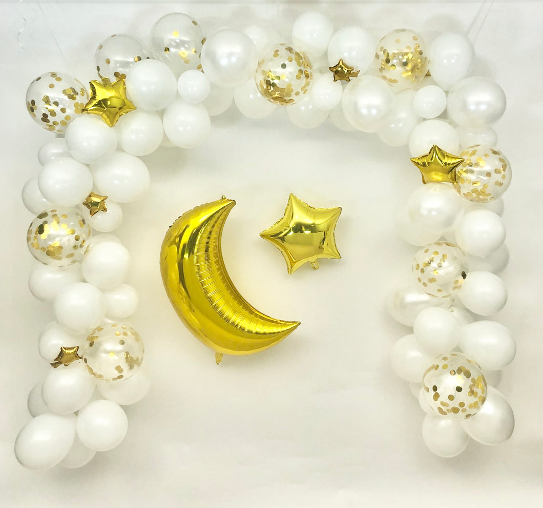 Sweet Moon 16-Feet Crescent and Star Balloon Garland Set- Baby Shower, Birthday, Bridal Shower. Eid, and Ramadan Decoration (White)