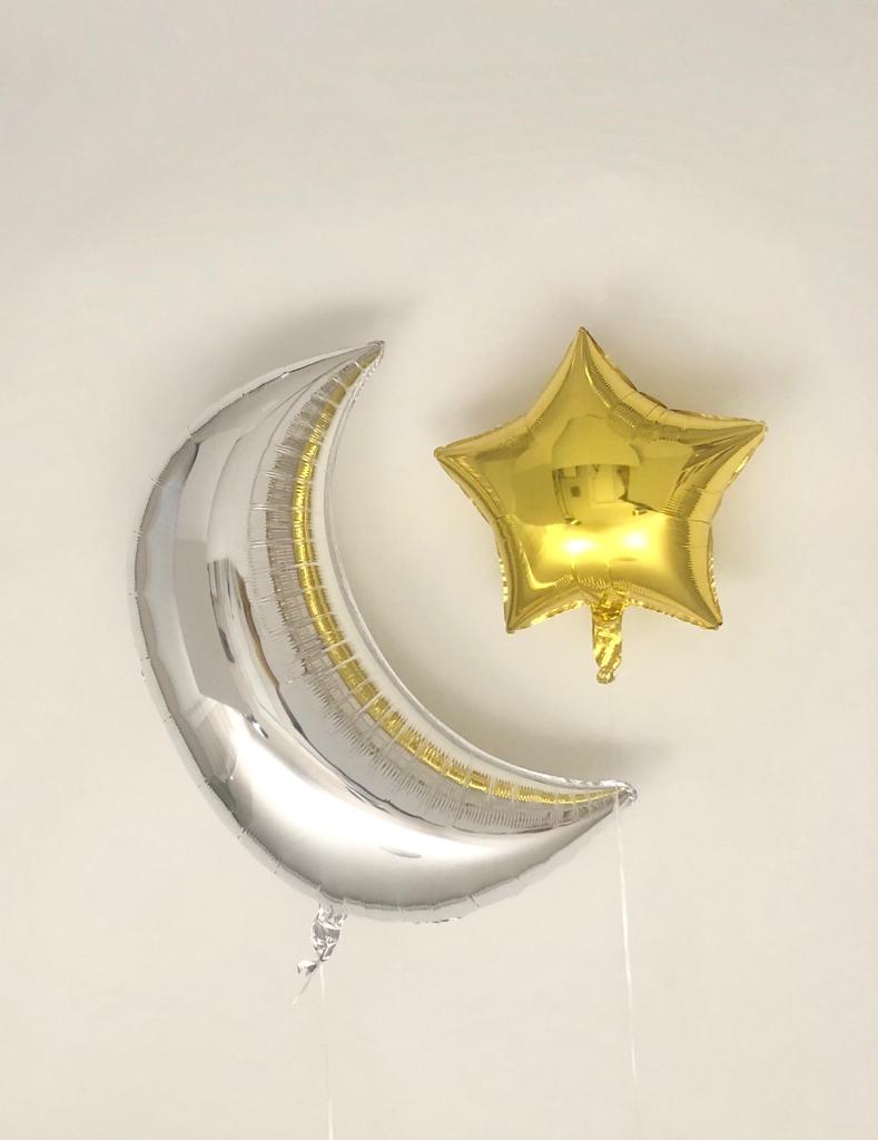 Sweet Moon 2 Piece Crescent and Star Balloons - Ramadan, Eid, Hajj, Pajama, Babyshower, Birthday Party (Silver & Gold)