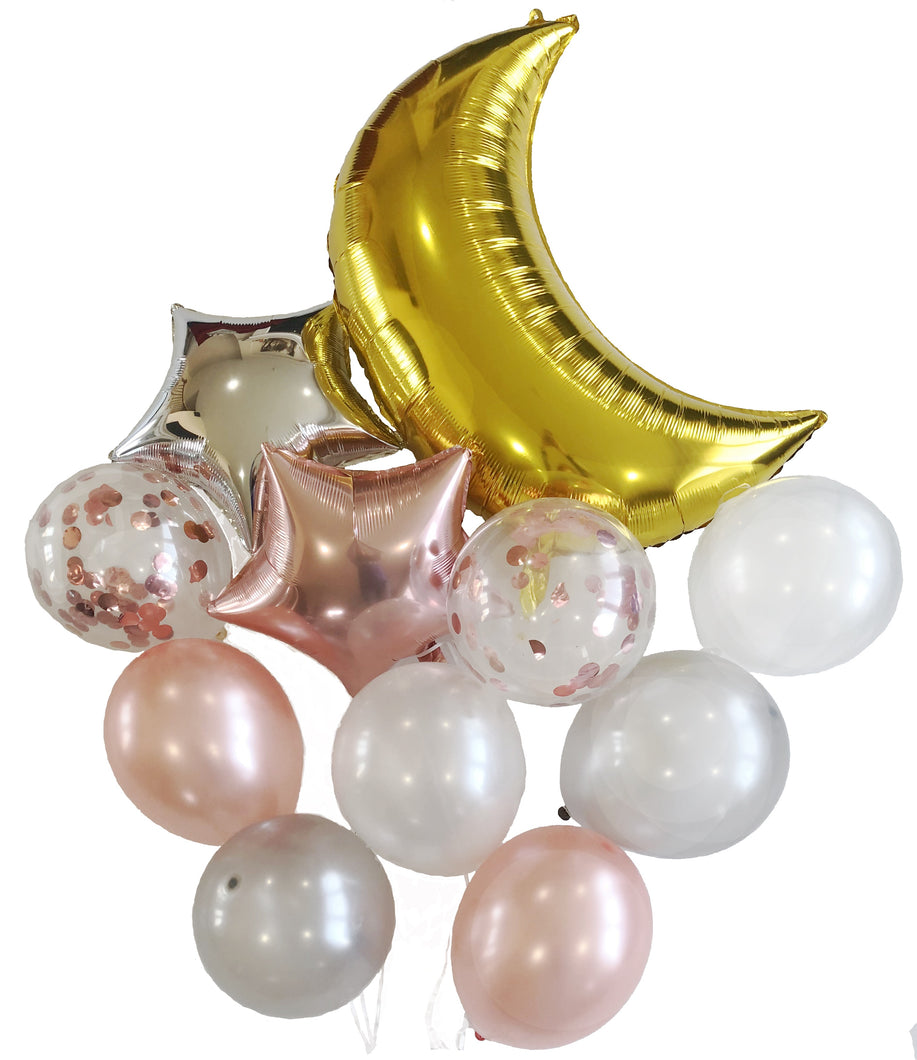 Sweet Moon 11 Piece Moon and Star Balloons Bouquet - Baby Shower, Birthday, Gender Reveal, Eid, and Ramadan Party Decoration (Rose Gold)
